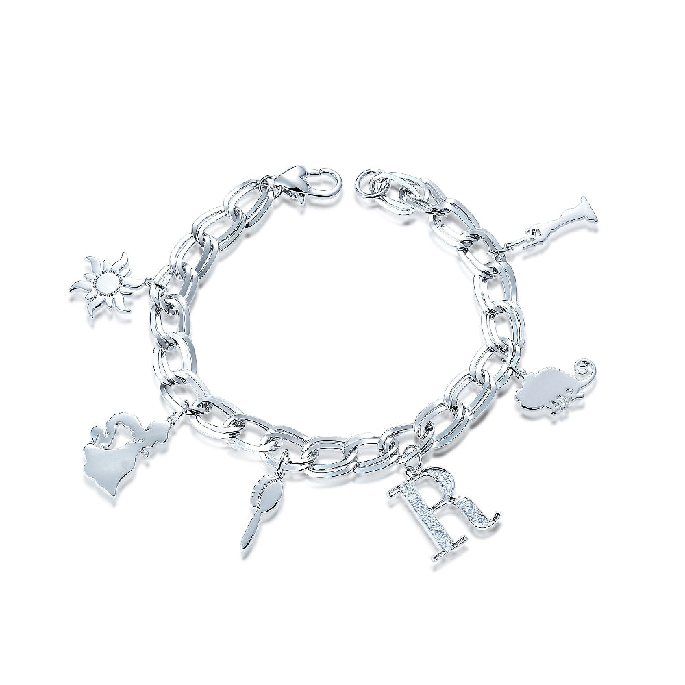 White gold plated charm bracelet with six Disney Princess Rapunzel Tangled icon Charms by Couture Kingdom on a white background