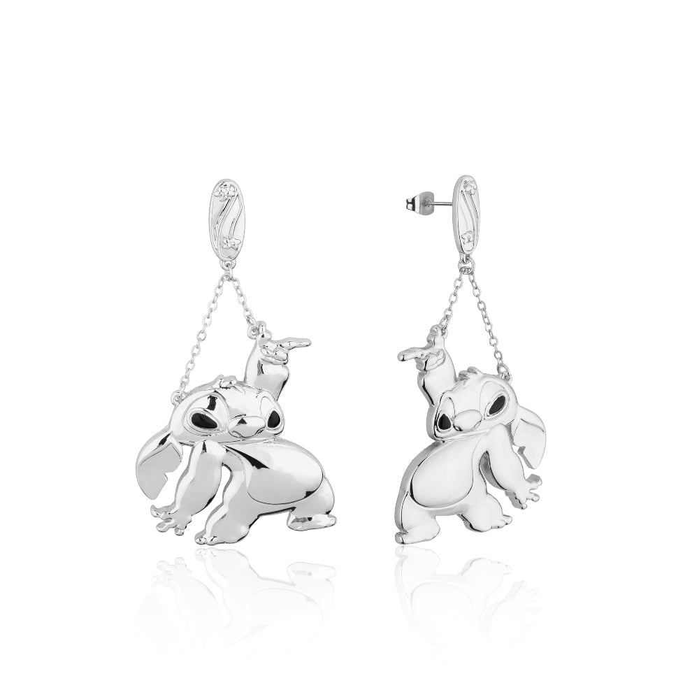 Disney Stitch Dancing Pose Drop Earrings with small Surfboard at stud section in white gold by Couture Kingdom on a white background