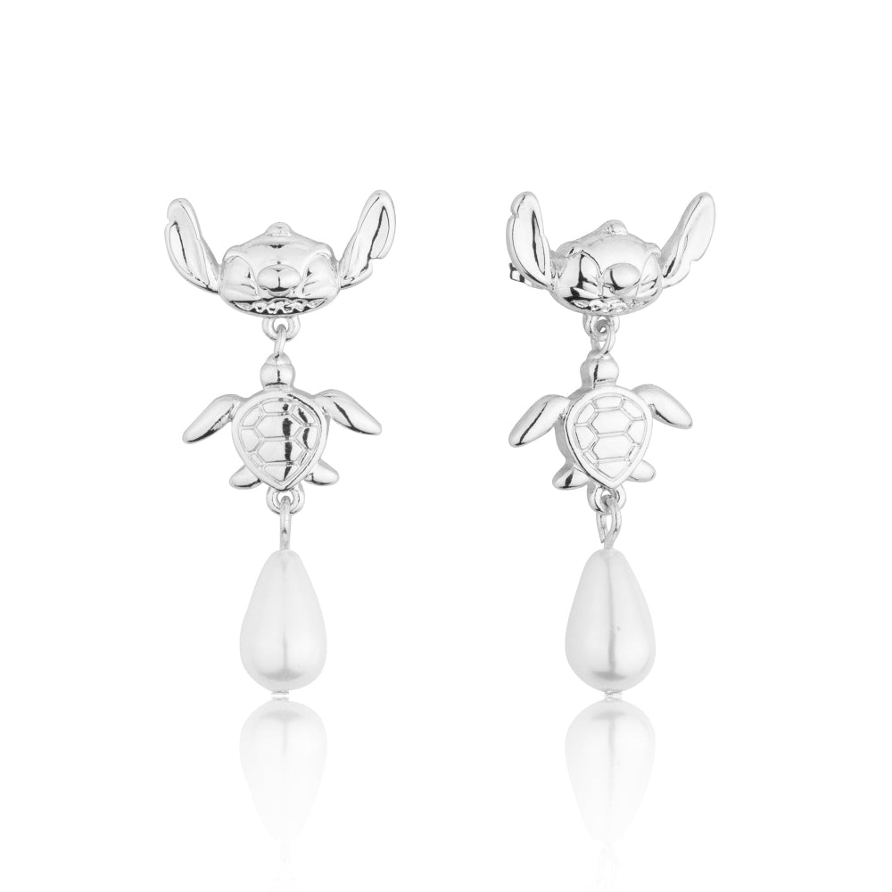 Disney Stitch  and turtle White Gold earrings with pearl drops on a white background by Couture Kingdom