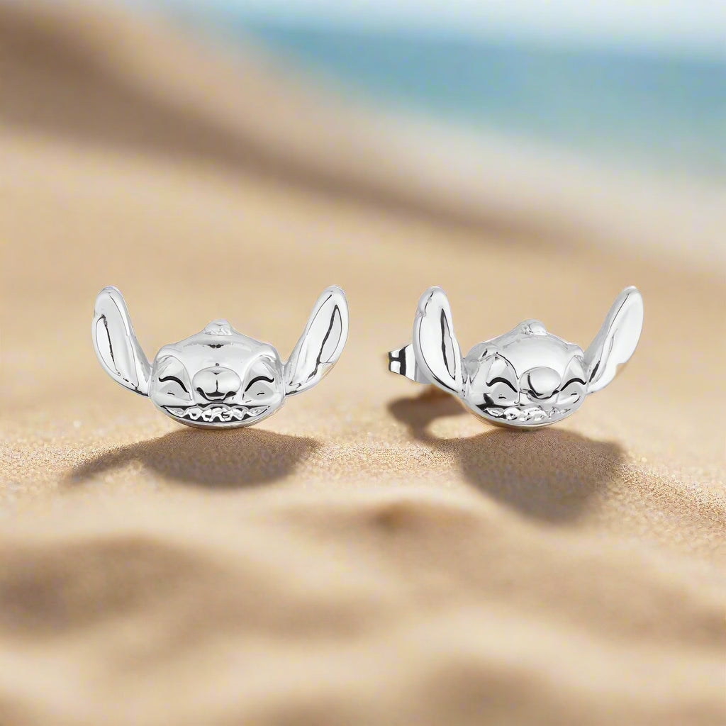 Disney Stitch Smiling Face Stud earrings white gold by Couture Kingdom appear on white background