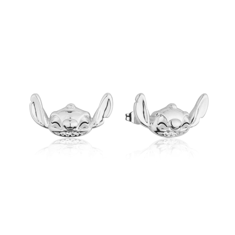 Disney Stitch white gold plated stud earrings on a plain white background by Couture Kingdom