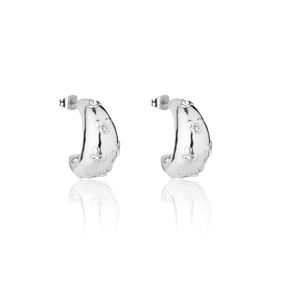 White Gold tear drop earrings with small Mickey Mouse icons featuring clear crystals on a white background by Couture Kingdom