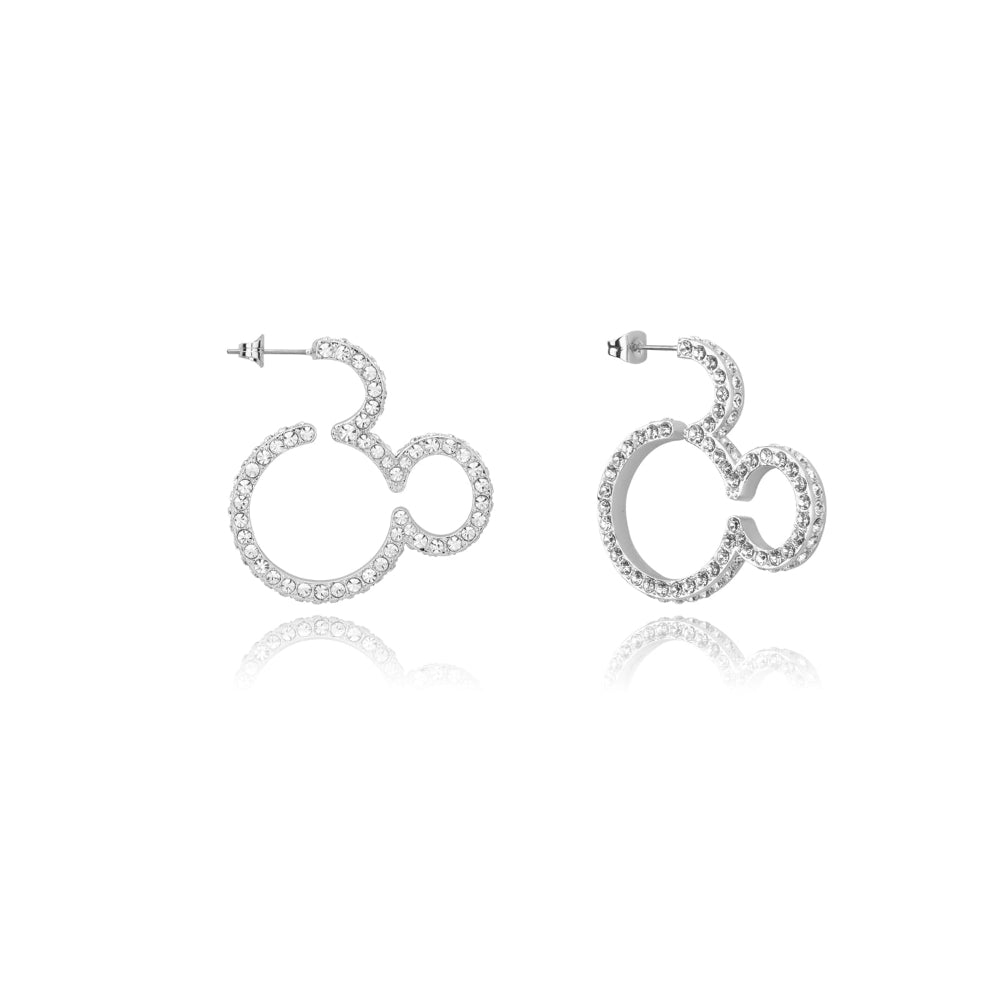 White Gold hoop earrings in outline Mickey Mouse shape with embedded stones on a white background by Couture Kingdom