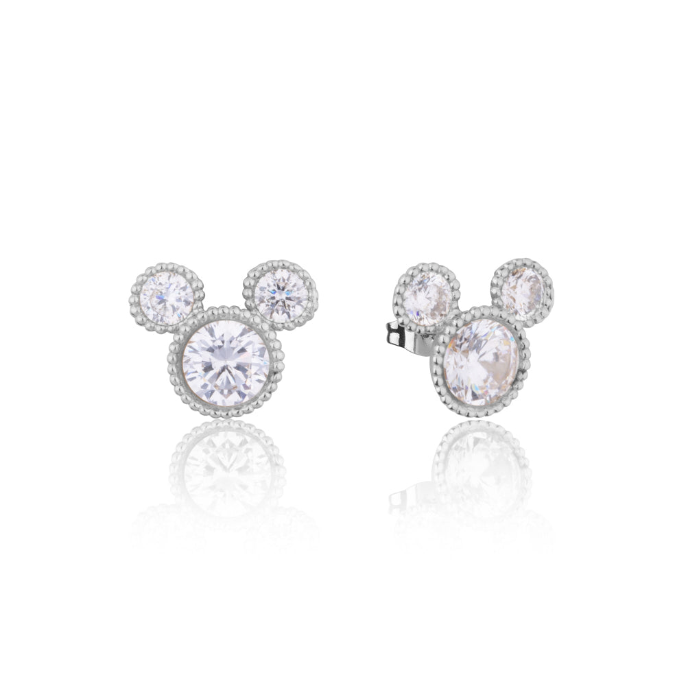 White Gold earrings with clear gemstones in the shape of Mickey Mouse head on a white background by Couture Kingdom