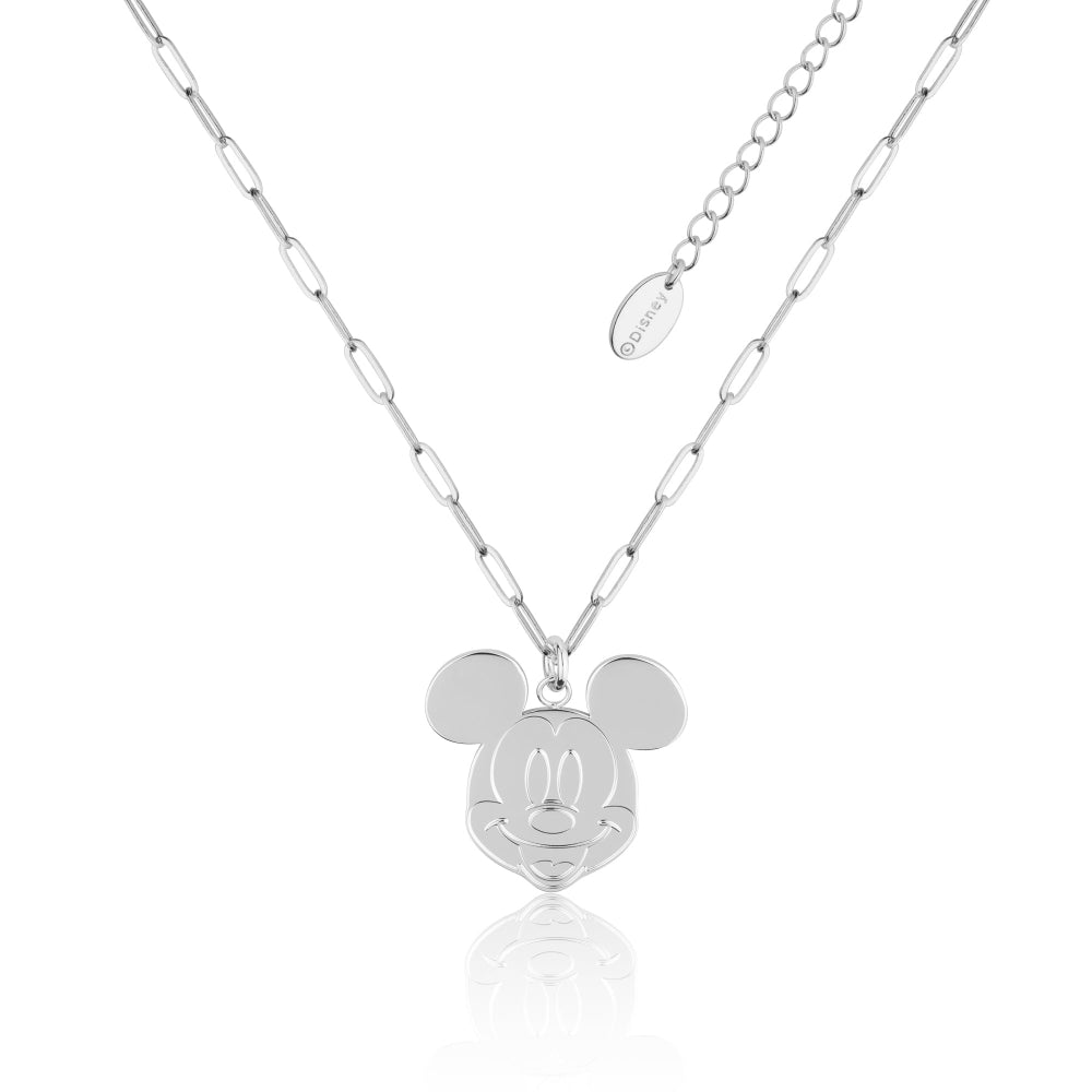 White Gold plated necklace with a Mickey Mouse head pendant on a white background by Couture Kingdom