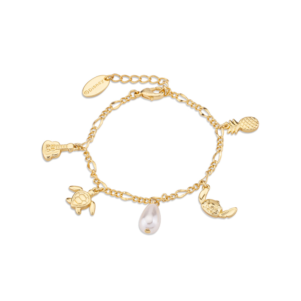 Gold Disney Stitch bracelet with various charms on a white background by Couture Kingdom