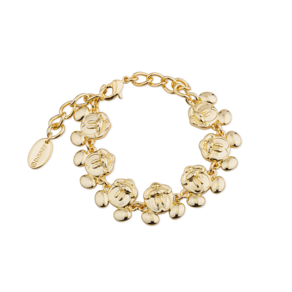 Gold plated bracelet with multiple Mickey Mouse head charms on a white background by Couture Kingdom