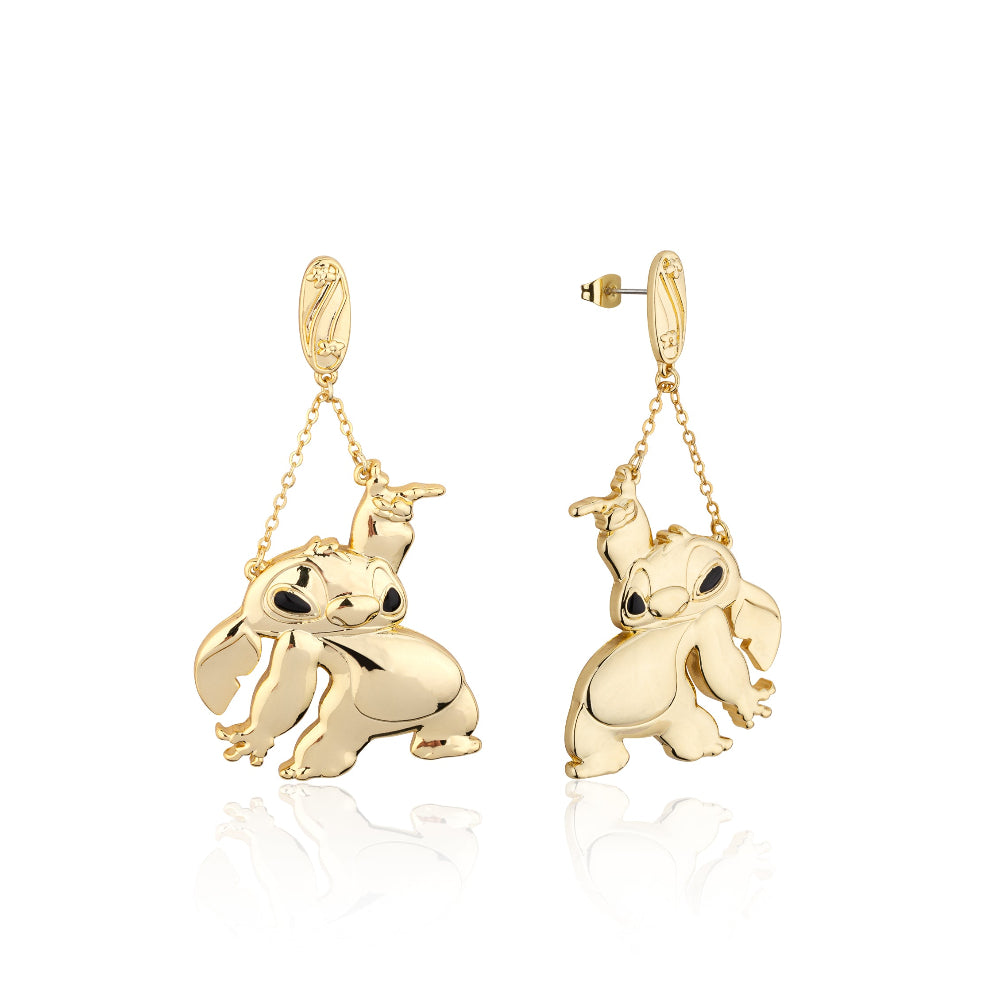 Disney Stitch Dancing Pose Drop Earrings with small Surfboard at stud section in yellow gold by Couture Kingdom on a white background