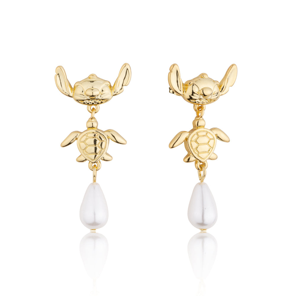 Disney Stitch  and turtle Yellow Gold earrings with pearl drops on a white background by Couture Kingdom