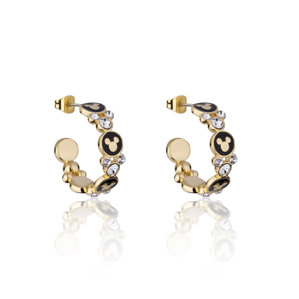 Gold hoop earrings with black and white accents in Mickey Mouse shaped icons on a white background by couture kingdom
