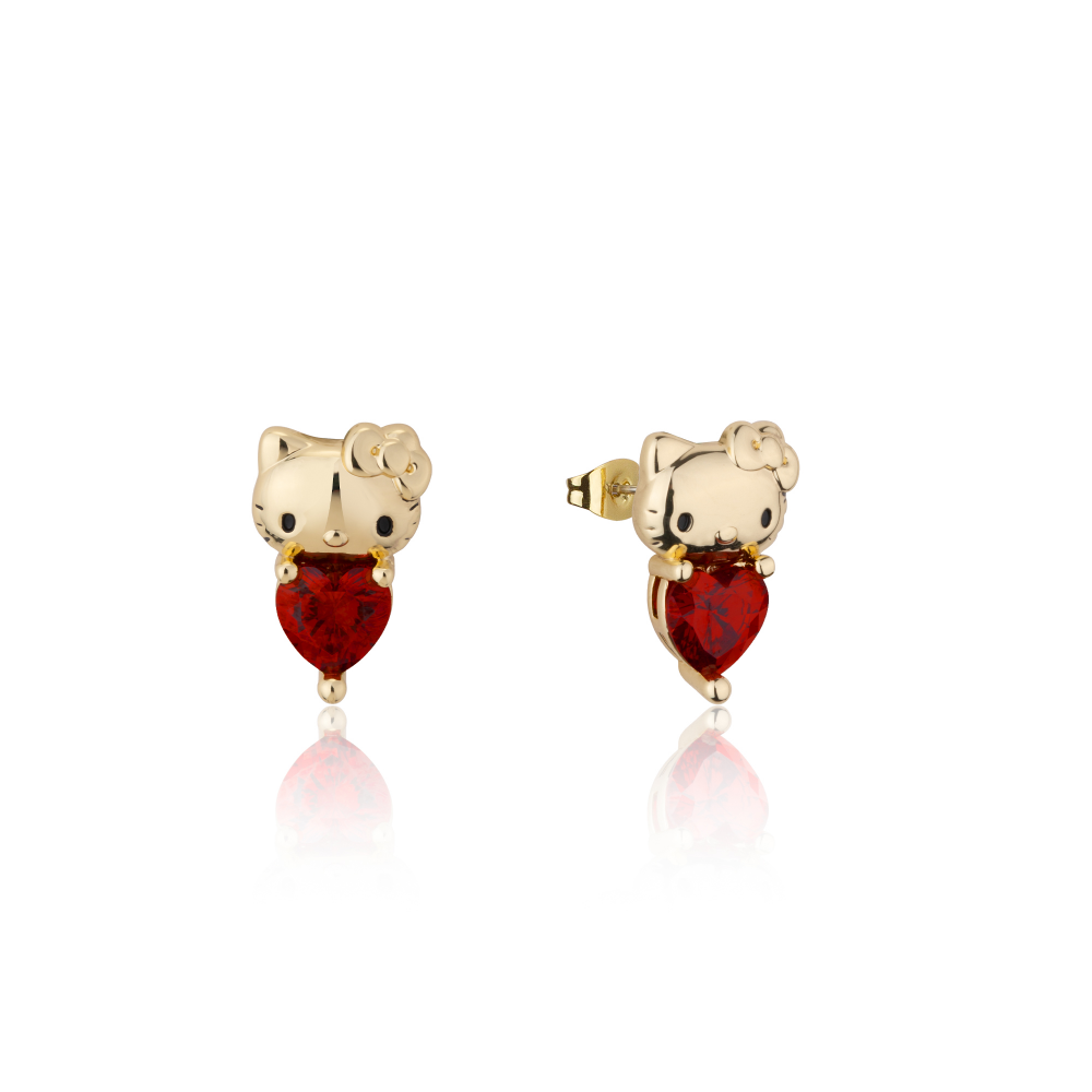 Gold Hello Kitty January Birthstone crystal stud earrings on a white background by Couture Kingdom