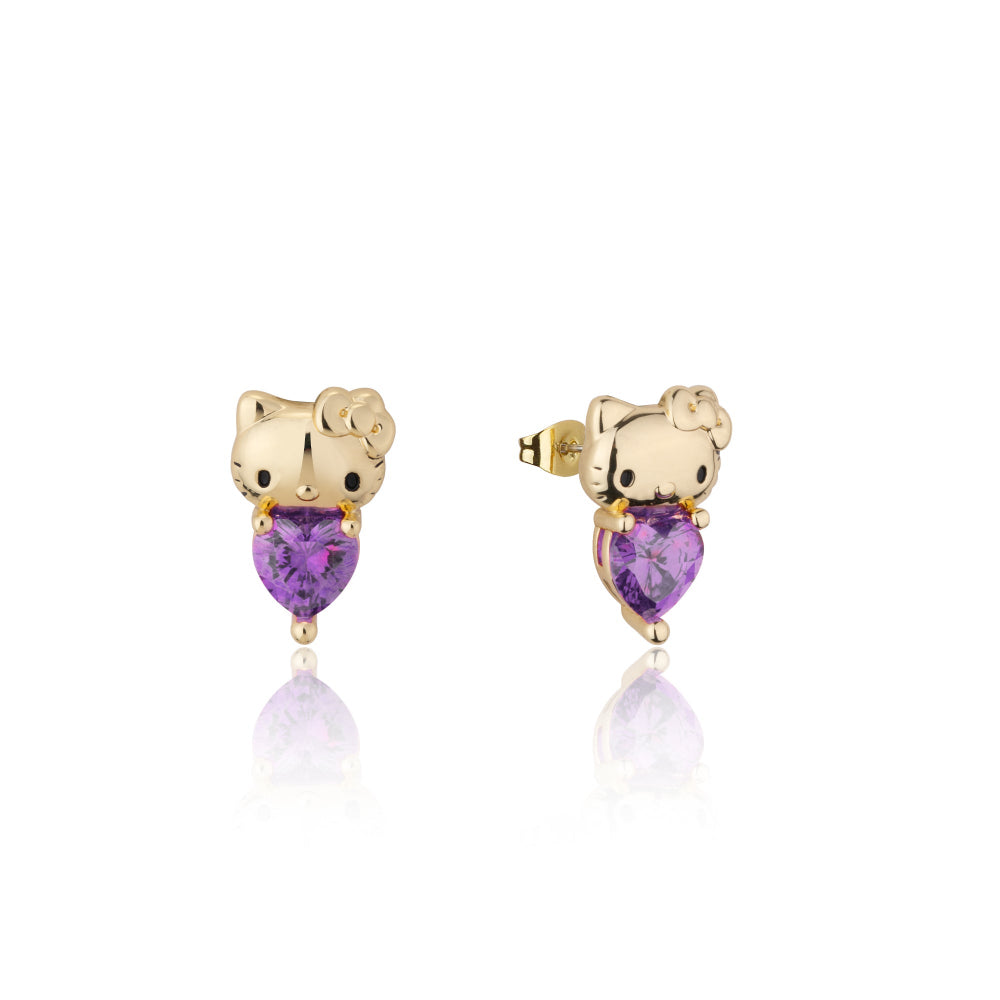 Gold Hello Kitty February Birthstone crystal stud earrings on a white background by Couture Kingdom