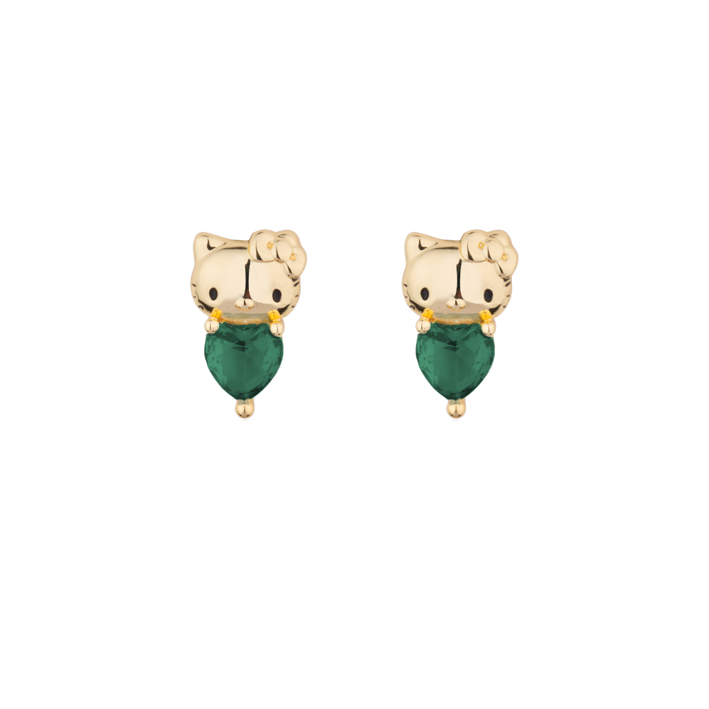 Gold Hello Kitty May Birthstone crystal stud earrings on a white background by Couture Kingdom