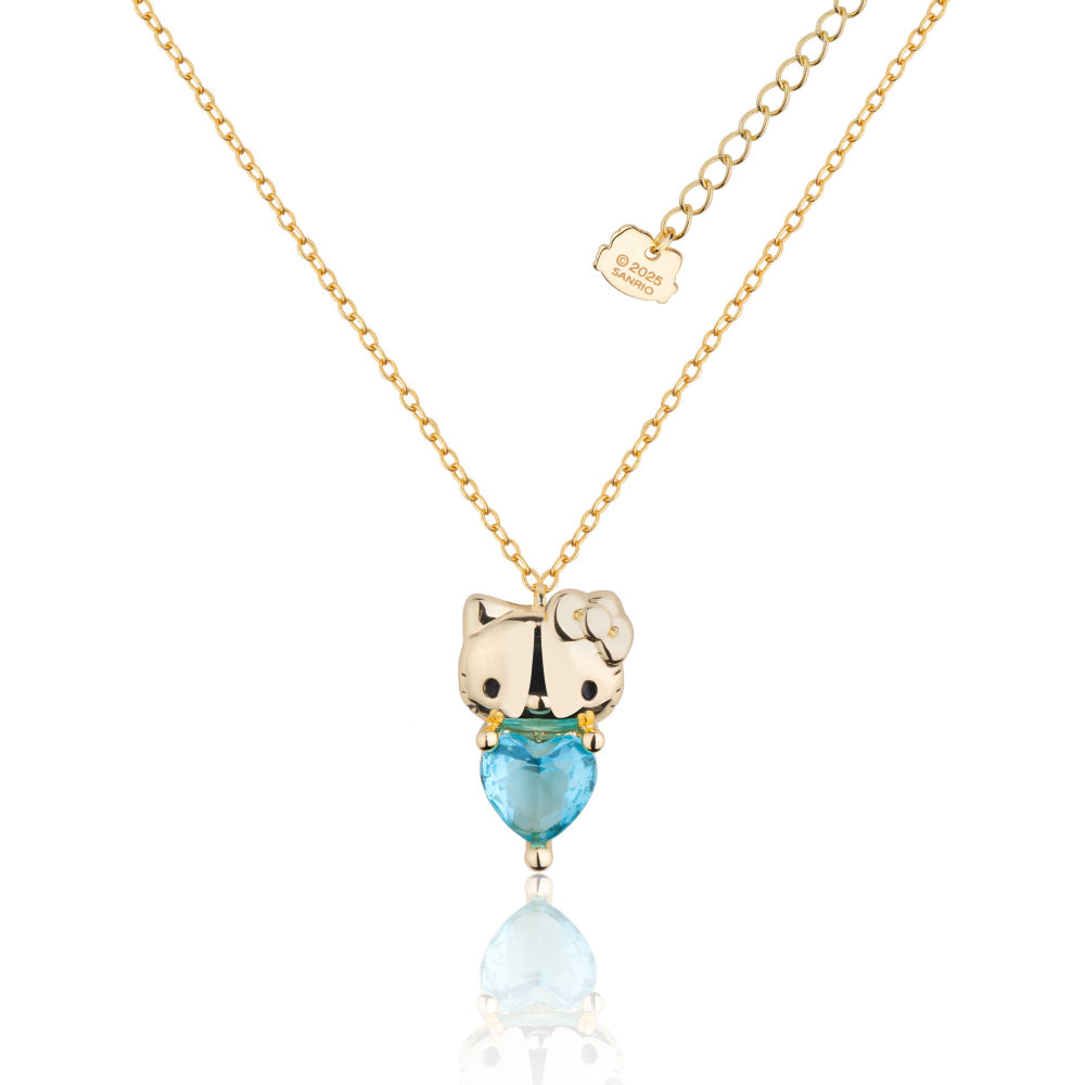 Gold Hello Kitty March Birthstone crystal necklace on a white background by Couture Kingdom