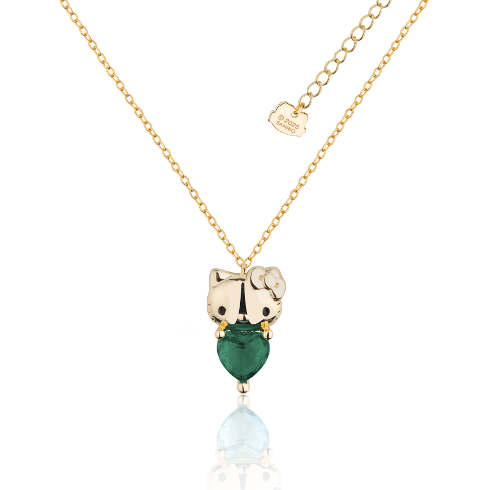 Gold Hello Kitty May Birthstone crystal necklace on a white background by Couture Kingdom