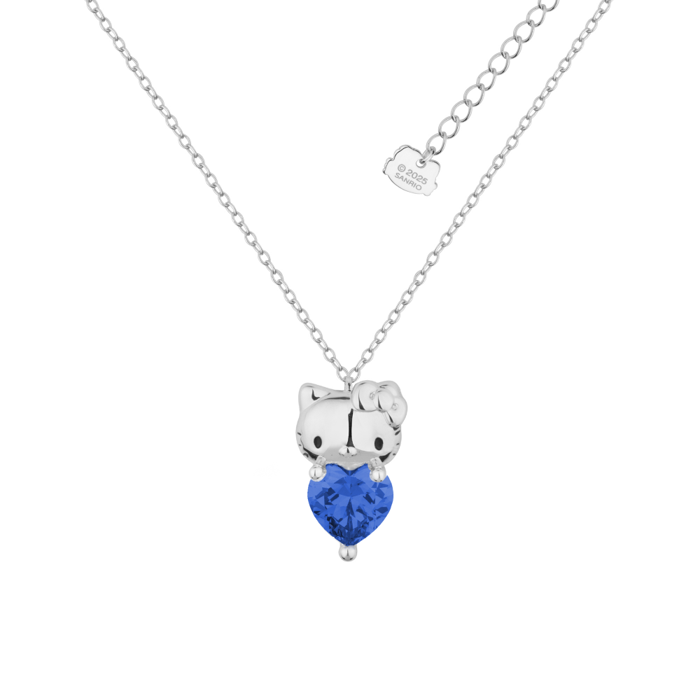 White Gold Hello Kitty September Birthstone crystal necklace on a white background by Couture Kingdom