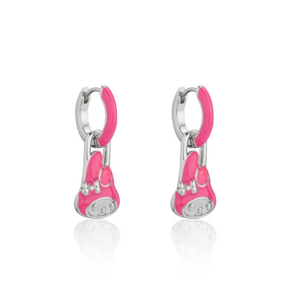 White gold hoop earrings with pink enamel and a small Sanrio Hello Kitty My Melody charm on a white background