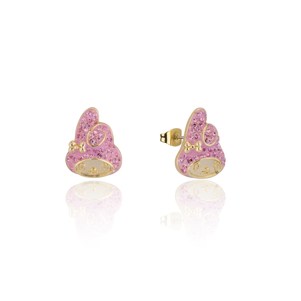 Gold My melody sanrio pink crystal stud earrings on a white background by Couture Kingdom
