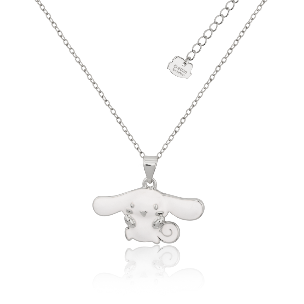 white Gold necklace with a white enamel Sanrio hello Kitty Cinnamoroll pendant on a white background by Couture Kingdom