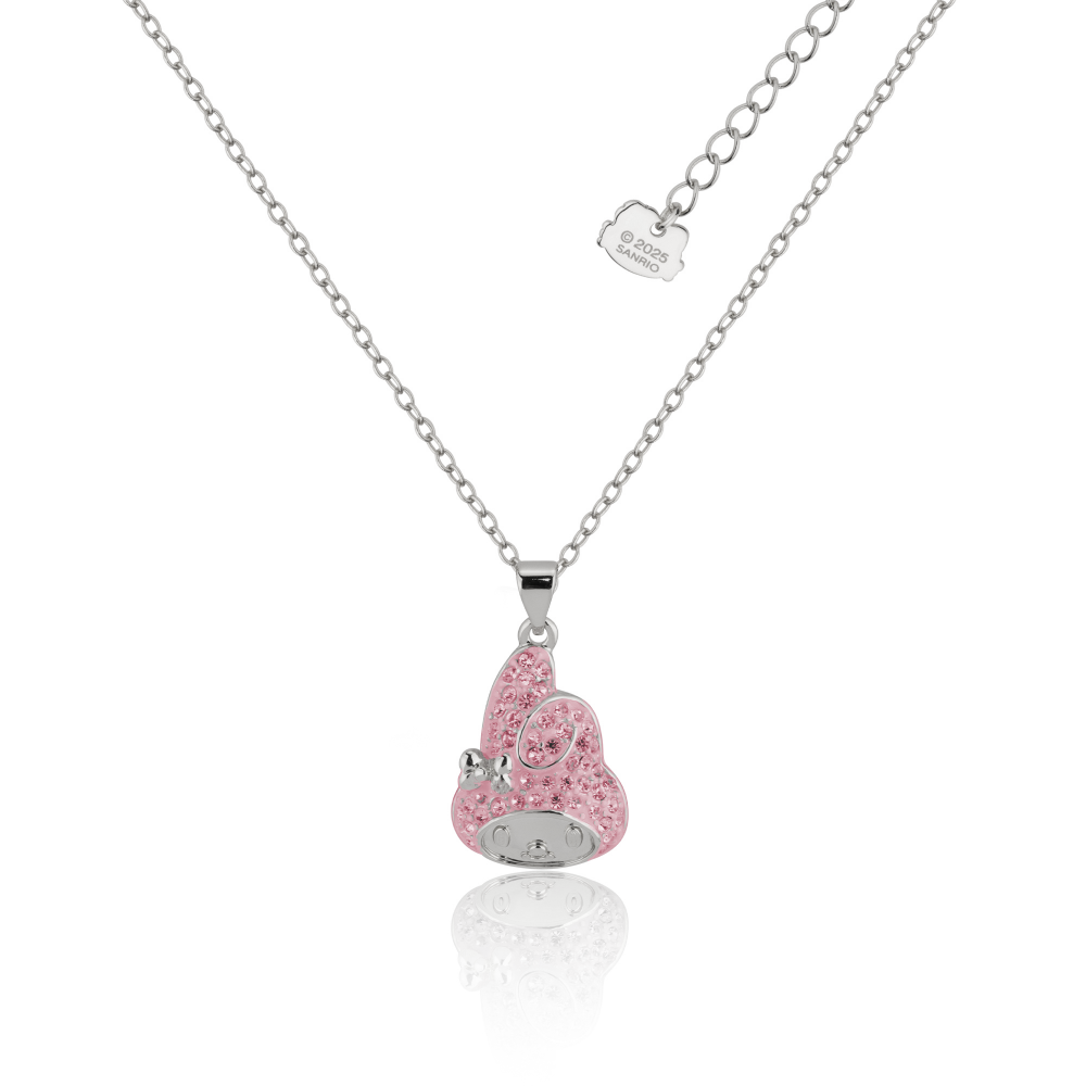 White Gold My melody Sanrio pink crystal necklace on a white background by Couture Kingdom
