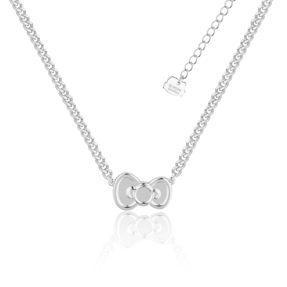 White Gold necklace with a Sanrio Hello Kitty bow pendant on a white background