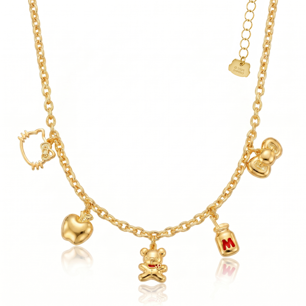 Gold necklace with five hello Kitty icon charms on a white background by Couture Kingdom
