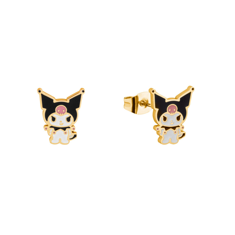 Yellow gold plated Stainless Steel Sanrio Kuromi enamel stud earrings on a white background