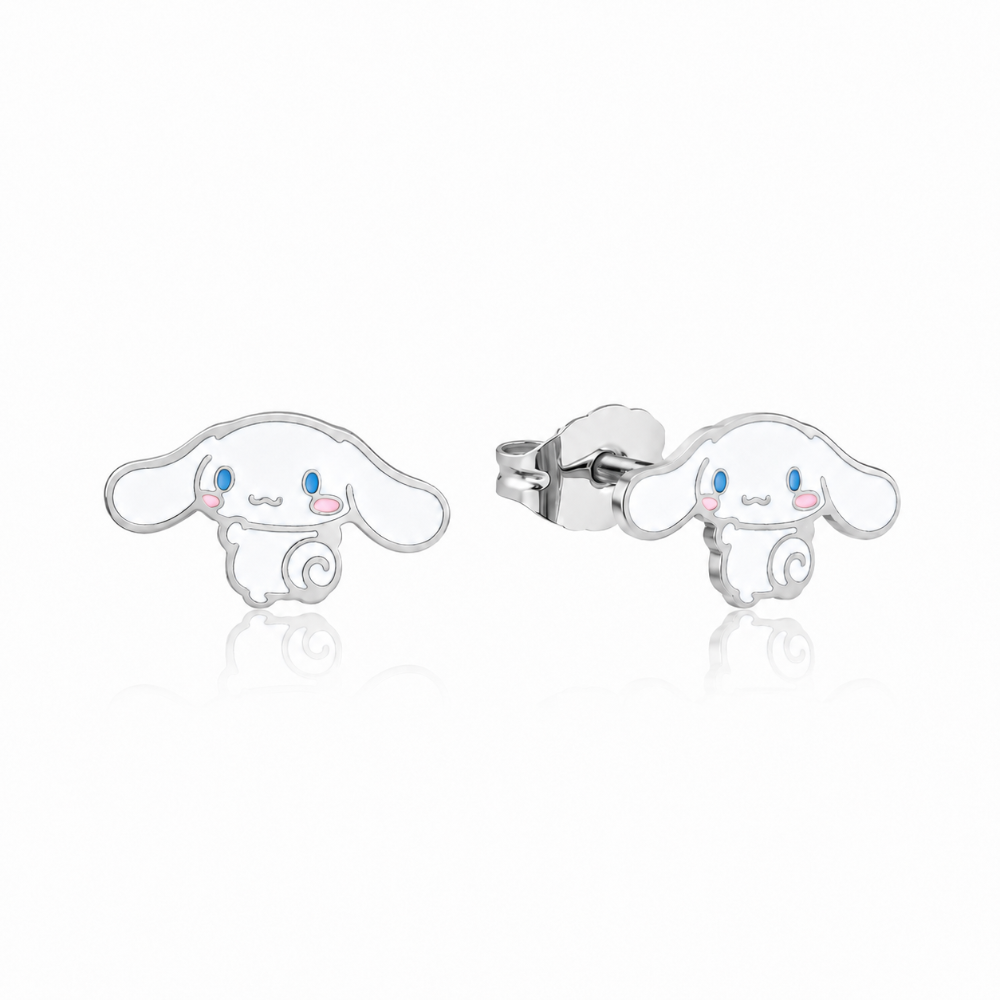 Pair of stainless steel earrings of Sanrio Cinnamoroll by Couture Kingdom on a white background