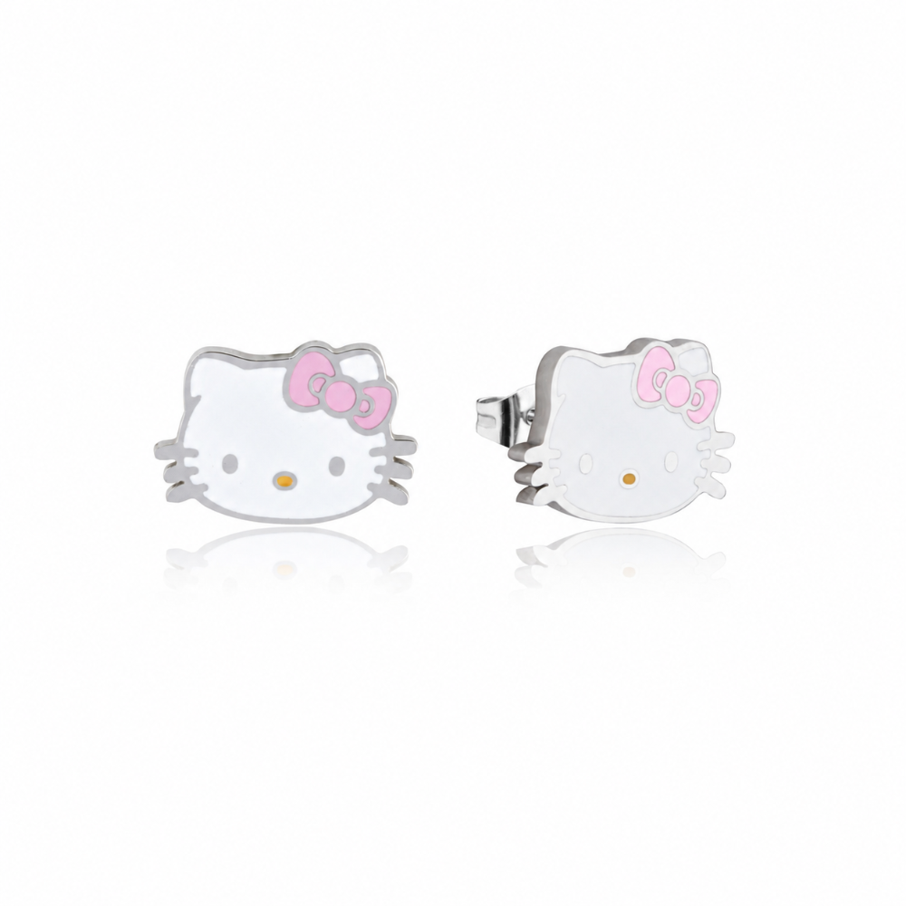 Stainless steel Hello Kitty earrings with white enamel face and Pink bow on a white background by Couture Kingdom