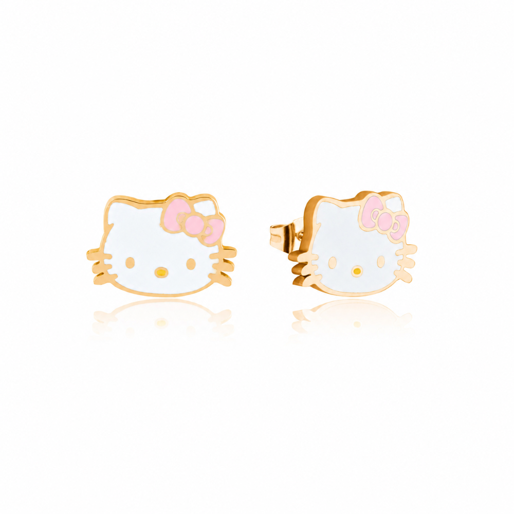 Yellow gold plated stainless steel Hello Kitty earrings with white enamel face and red bow on a white background by Couture Kingdom