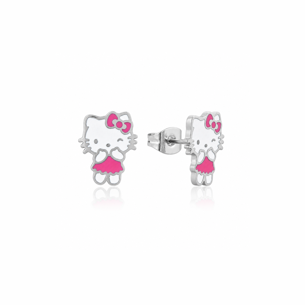 Hello Kitty earrings with pink bow and dress on a white background