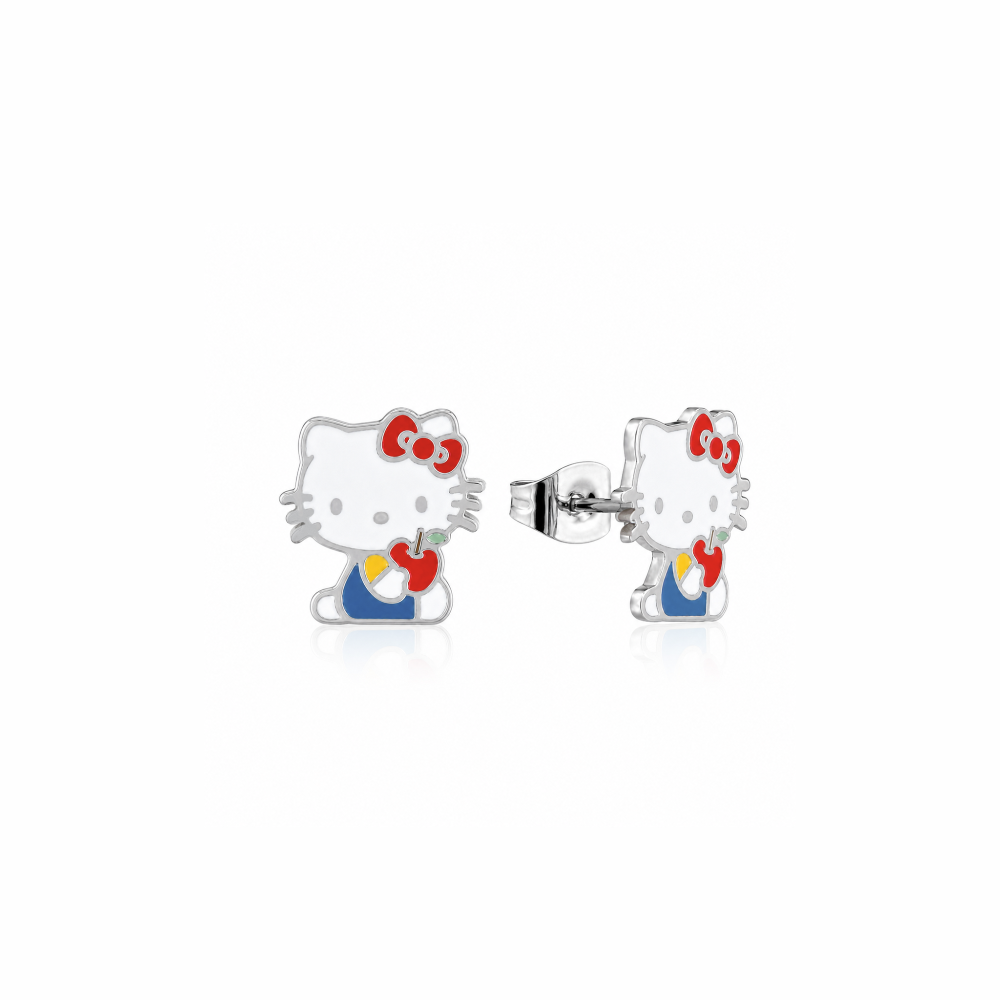 Stainless steel Hello Kitty enamel stud earrings wearing blue overalls holding an apple on a white background by Couture Kingdom