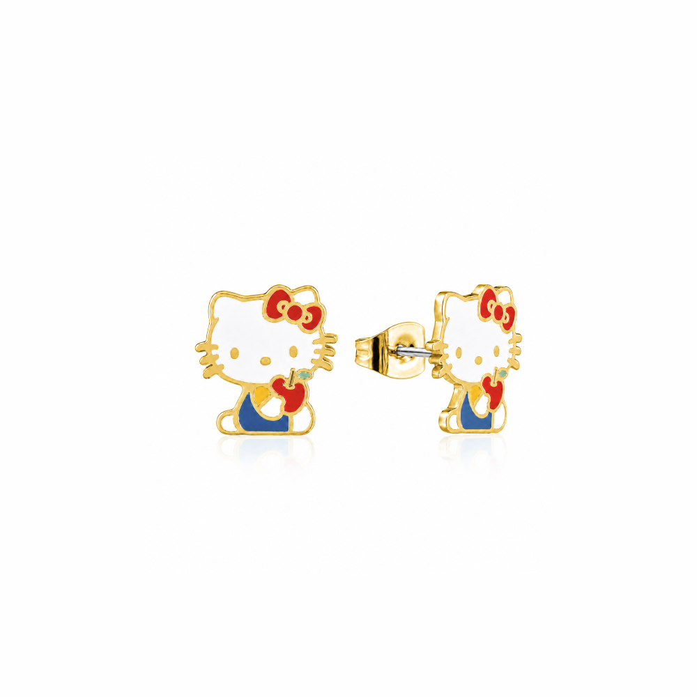 Yellow gold plated Stainless steel Hello Kitty enamel stud earrings wearing blue overalls holding an apple on a white background by Couture Kingdom