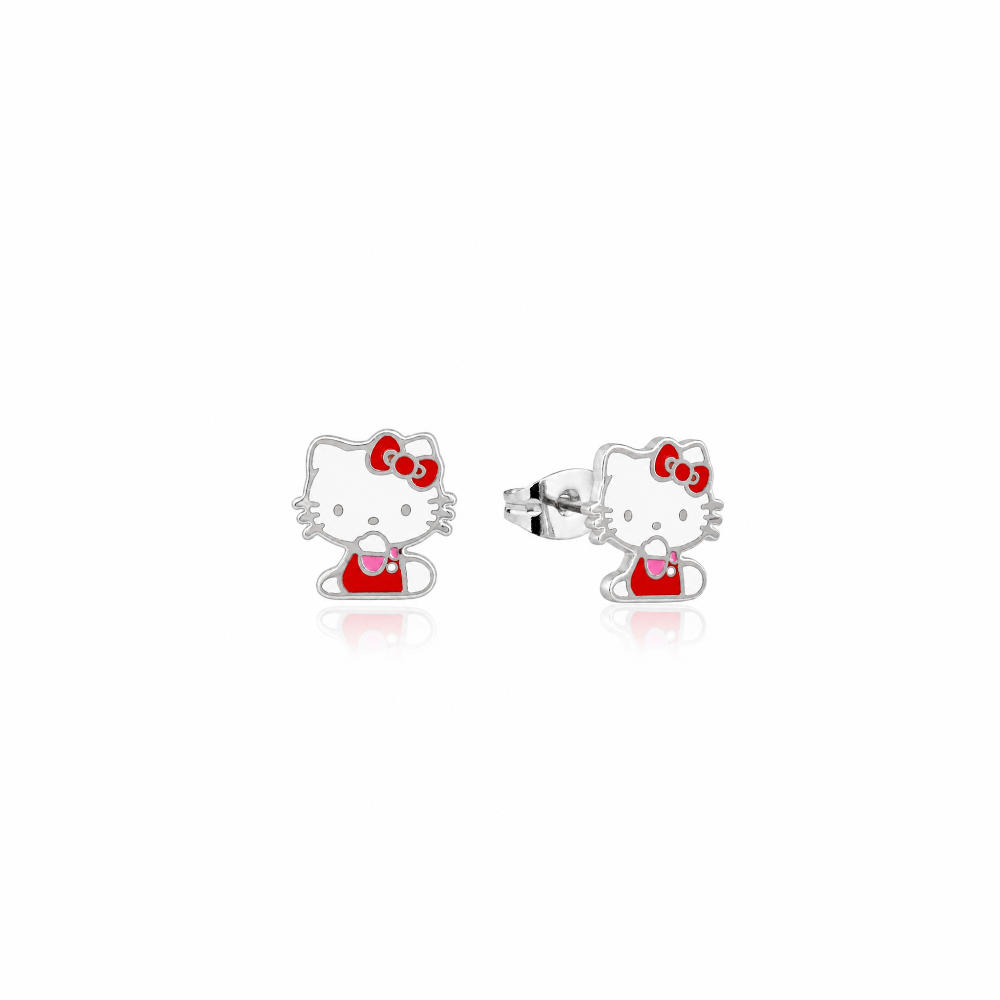 Hello Kitty earrings with red bow and overalls on a white background by Couture Kingdom