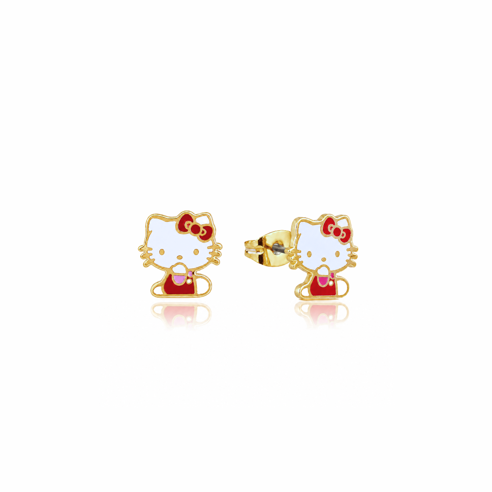 Hello Kitty earrings with red bow and overalls on a white background by Couture Kingdom
