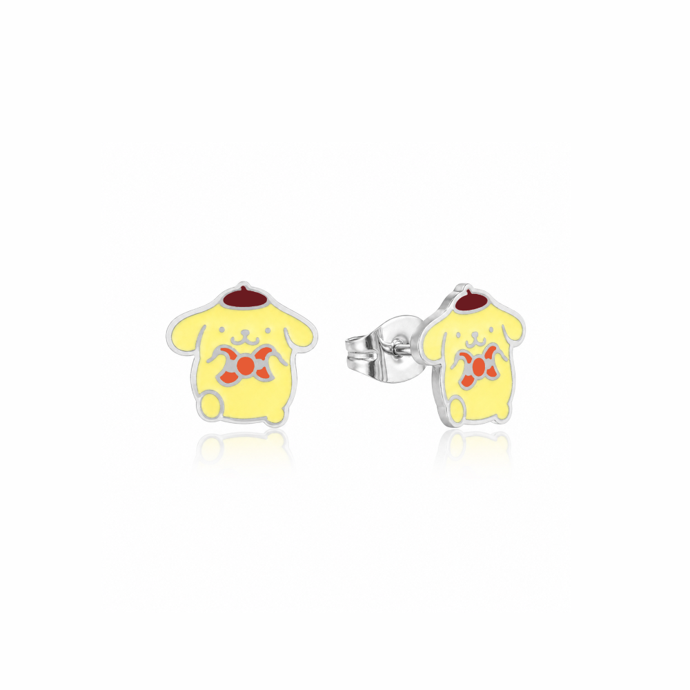 Stainless steel enamel stud earrings of Sanrio character Pompompurin by Couture Kingdom against a white a background