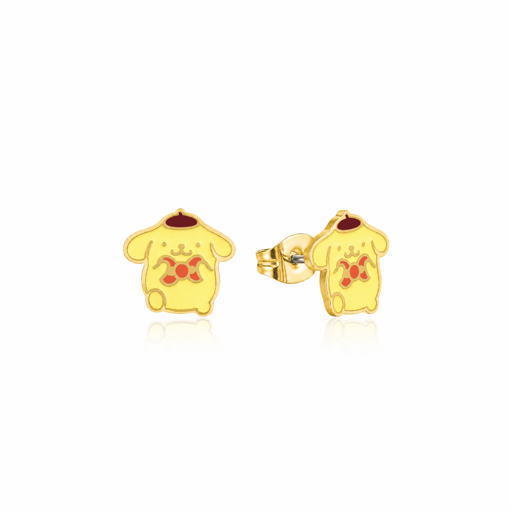 Yellow gold plated Stainless steel enamel stud earrings of Sanrio character Pompompurin by Couture Kingdom against a white a background