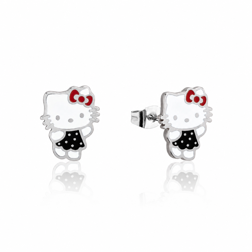 Stainless steel Hello Kitty Black Polka dot dress enamel earrings on a white background by Couture Kingdom
