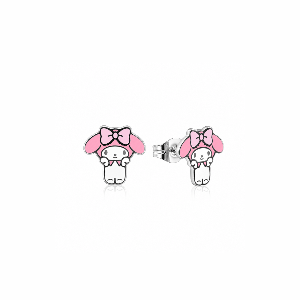 stainless steel Sanrio My Melody enamel stud earrings with pink bows by Couture Kingdom on a white background