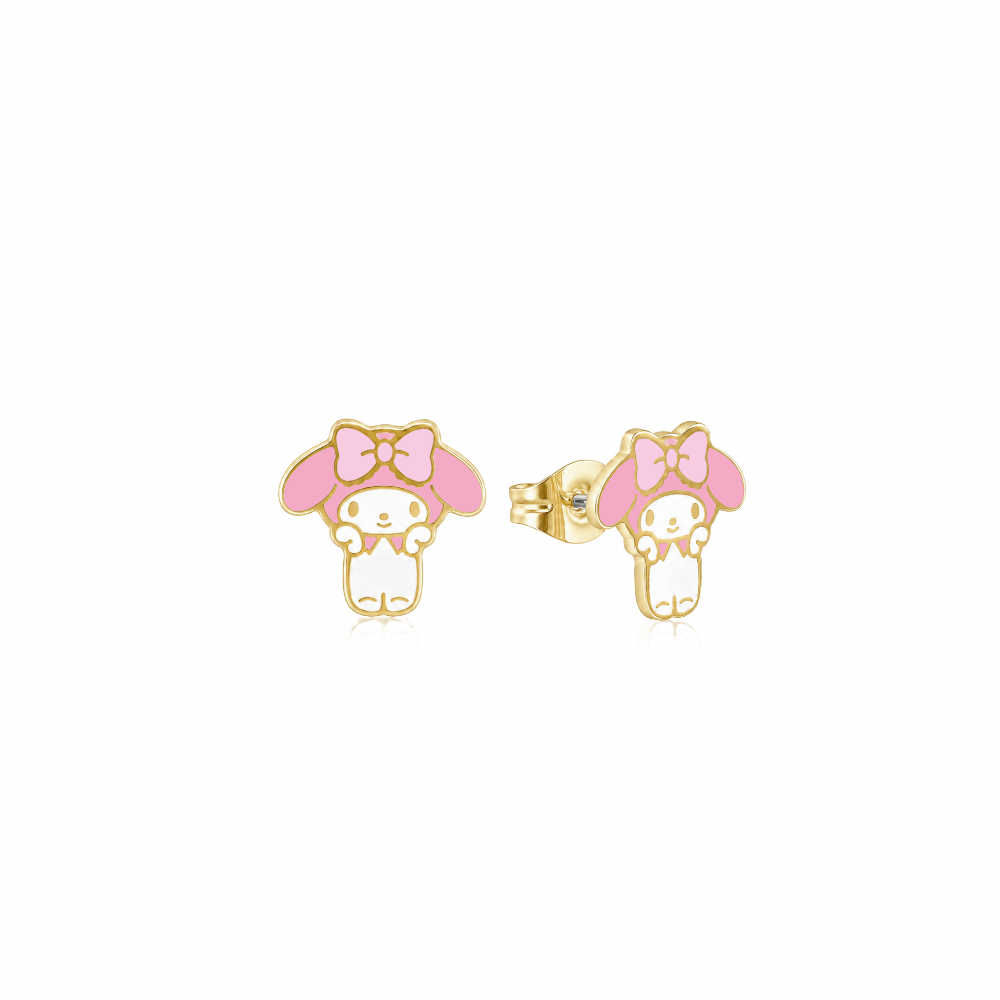 Yellow gold plated stainless steel Sanrio My Melody enamel stud earrings with pink bows by Couture Kingdom on a white 