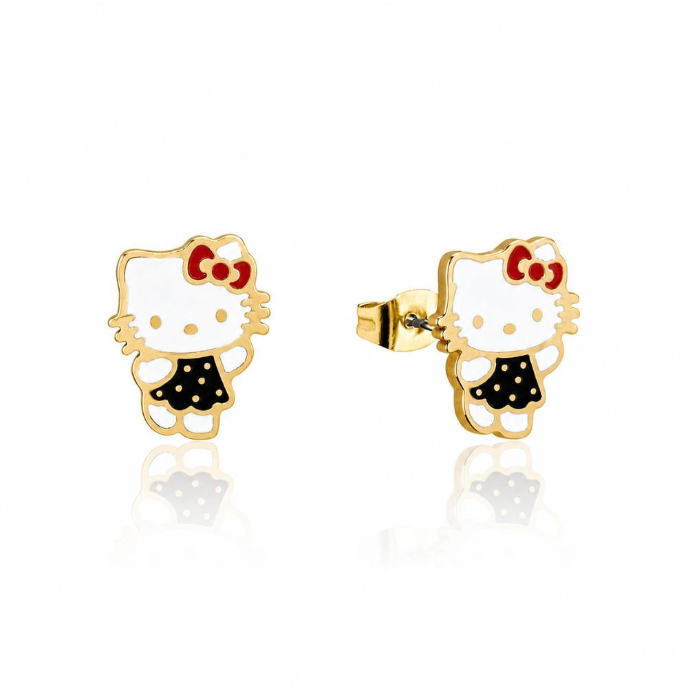 Yellow gold plated Stainless steel Hello Kitty Black Polka dot dress enamel earrings on a white background by Couture Kingdom