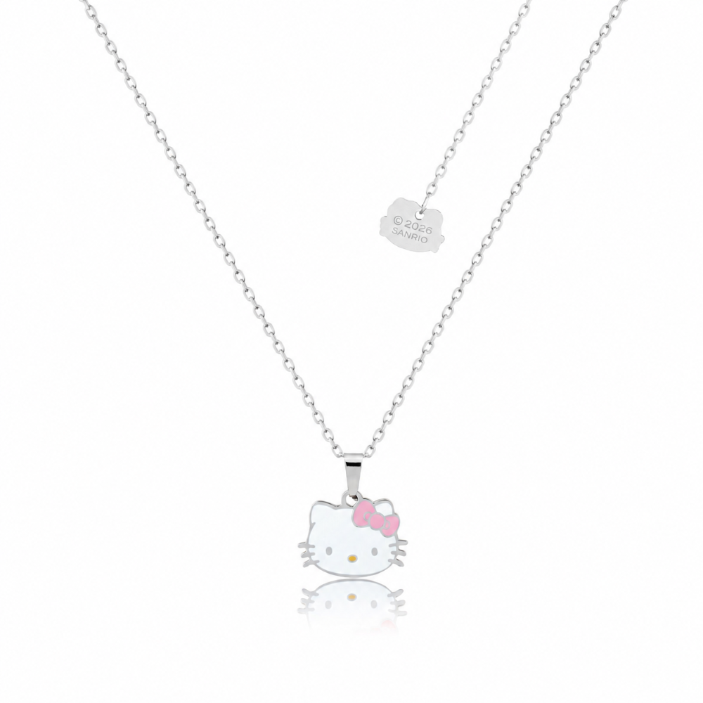 Stainless Steel Hello Kitty necklace with a pink bow on a white background by Couture Kingdom