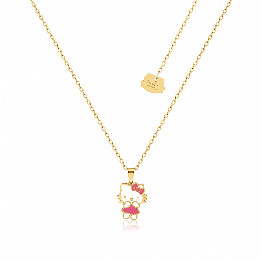 Yellow gold plated Stainless Steel, enamel Hello Kitty pendant necklace by Couture Kingdom on a white background
