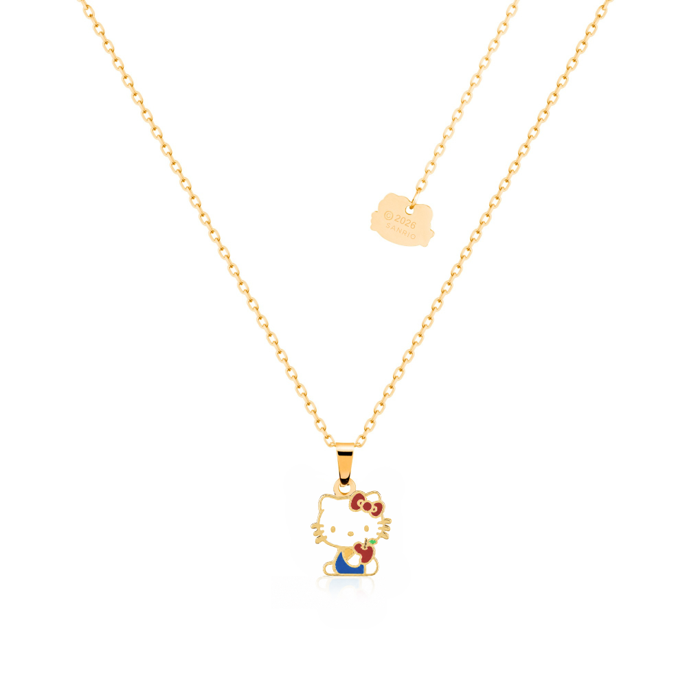 Yellow gold plated Stainless Steel Hello Kitty hold a red apple enamel Necklace by Couture Kingdom on a white background
