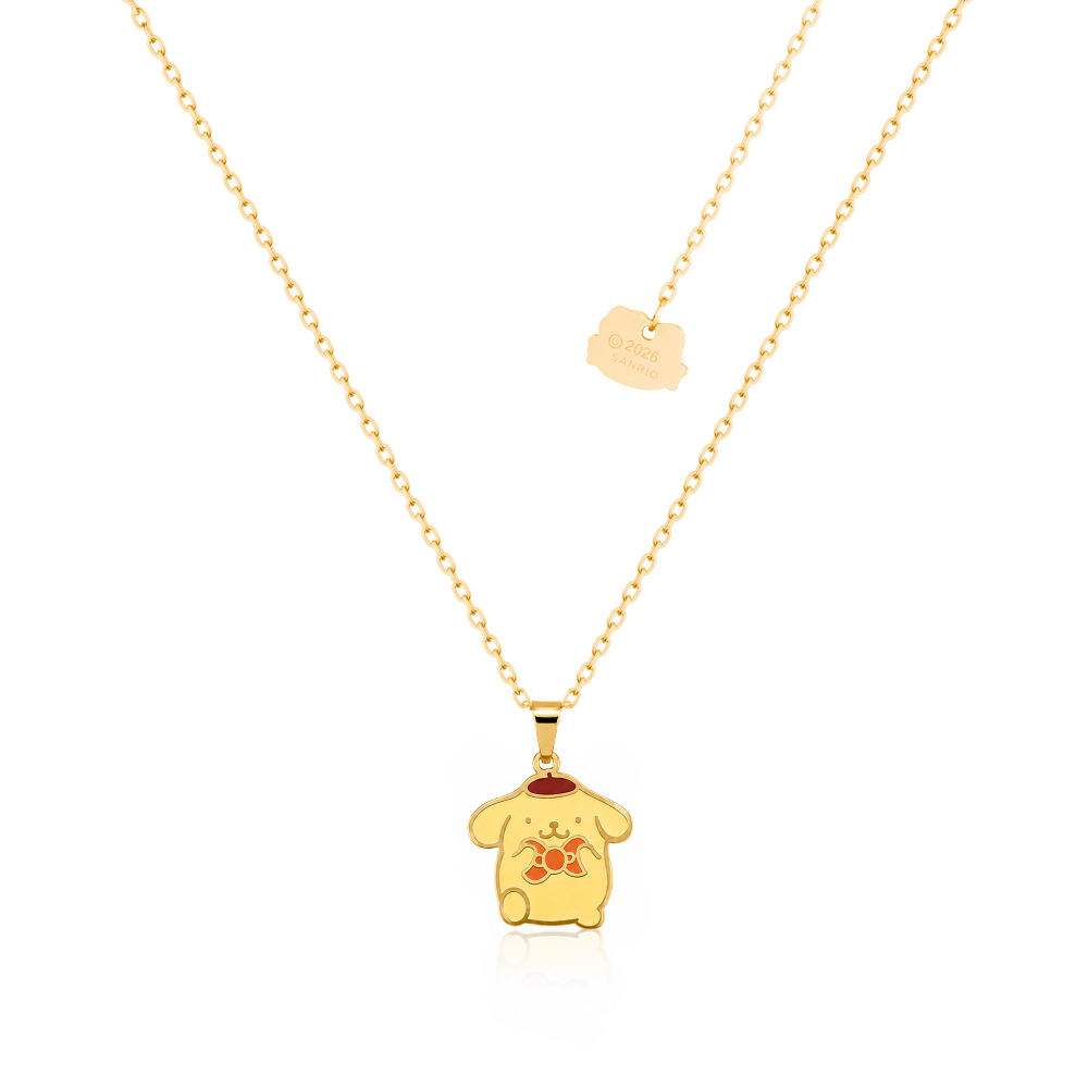 Yellow gold plated Stainless Steel Sanrio Character Pompompurin enamel Necklace by Couture Kingdom on a white background
