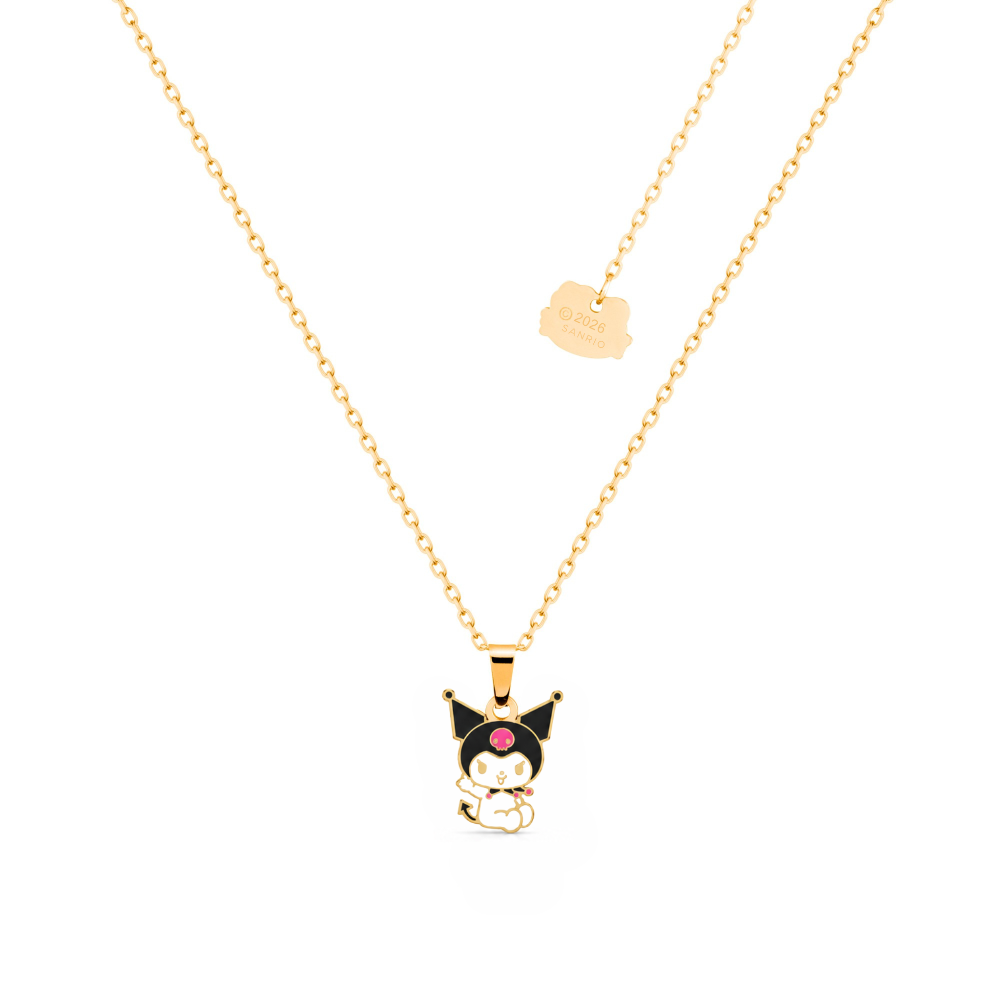 Yellow gold plated Stainless Steel Sanrio Kuromi enamel Necklace by Couture Kingdom on a white background