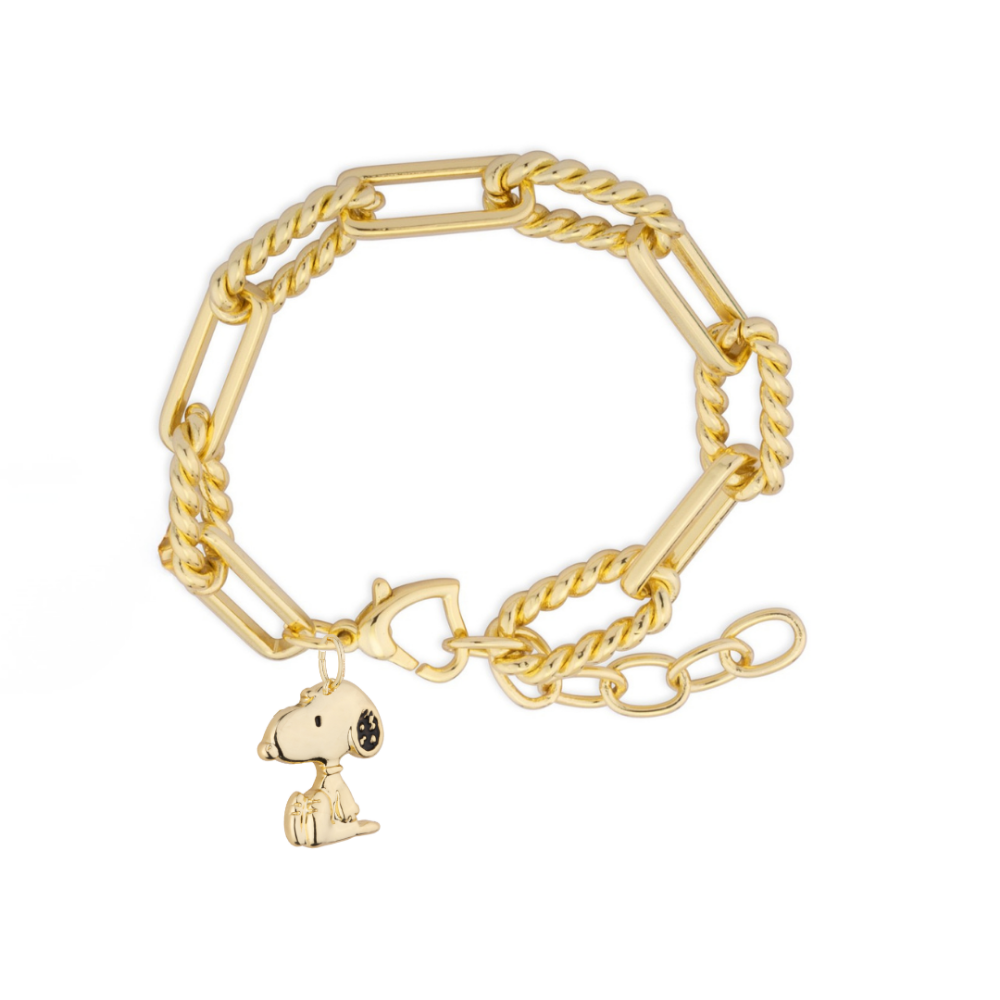 Gold bracelet with a Snoopy charm on a white background