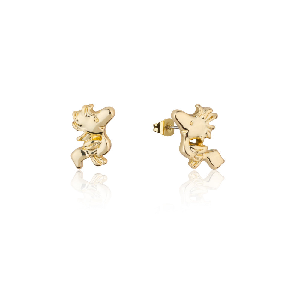 Gold Peanuts woodstock stud earrings on a white background