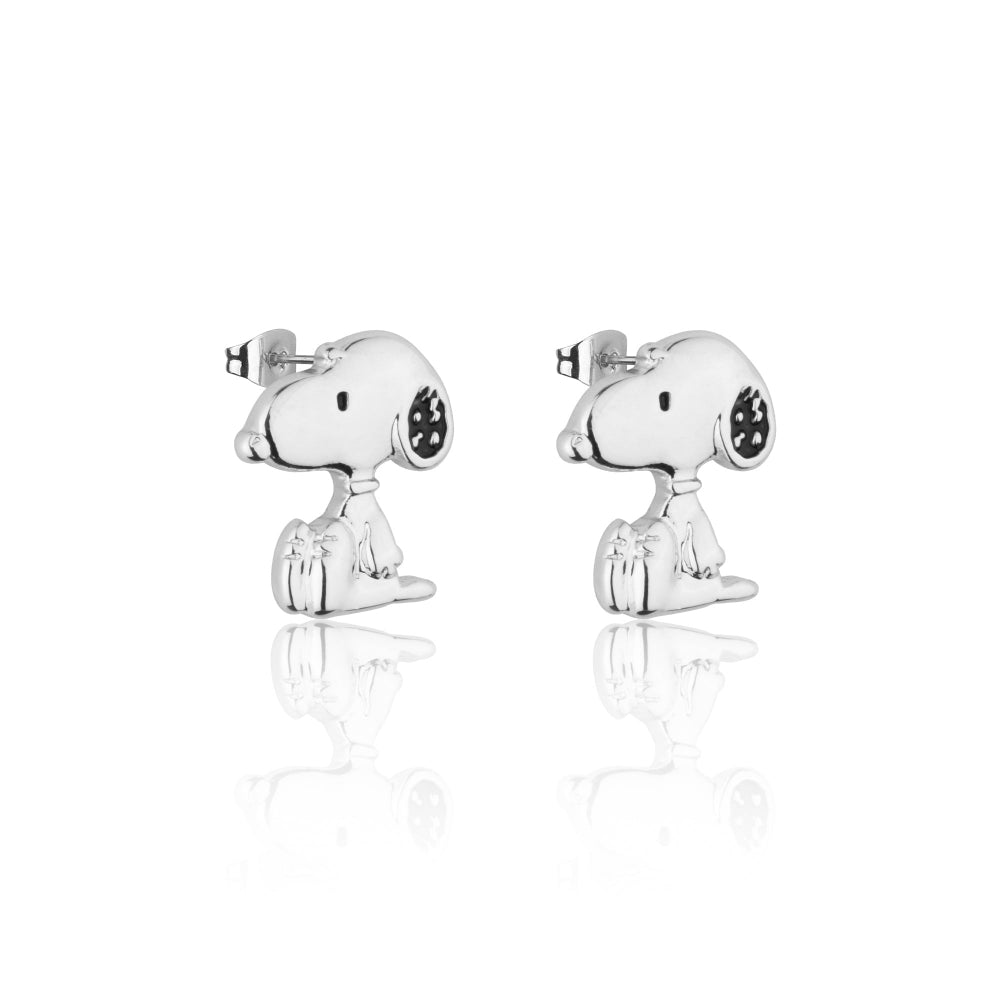 Silver Snoopy earrings on a white background