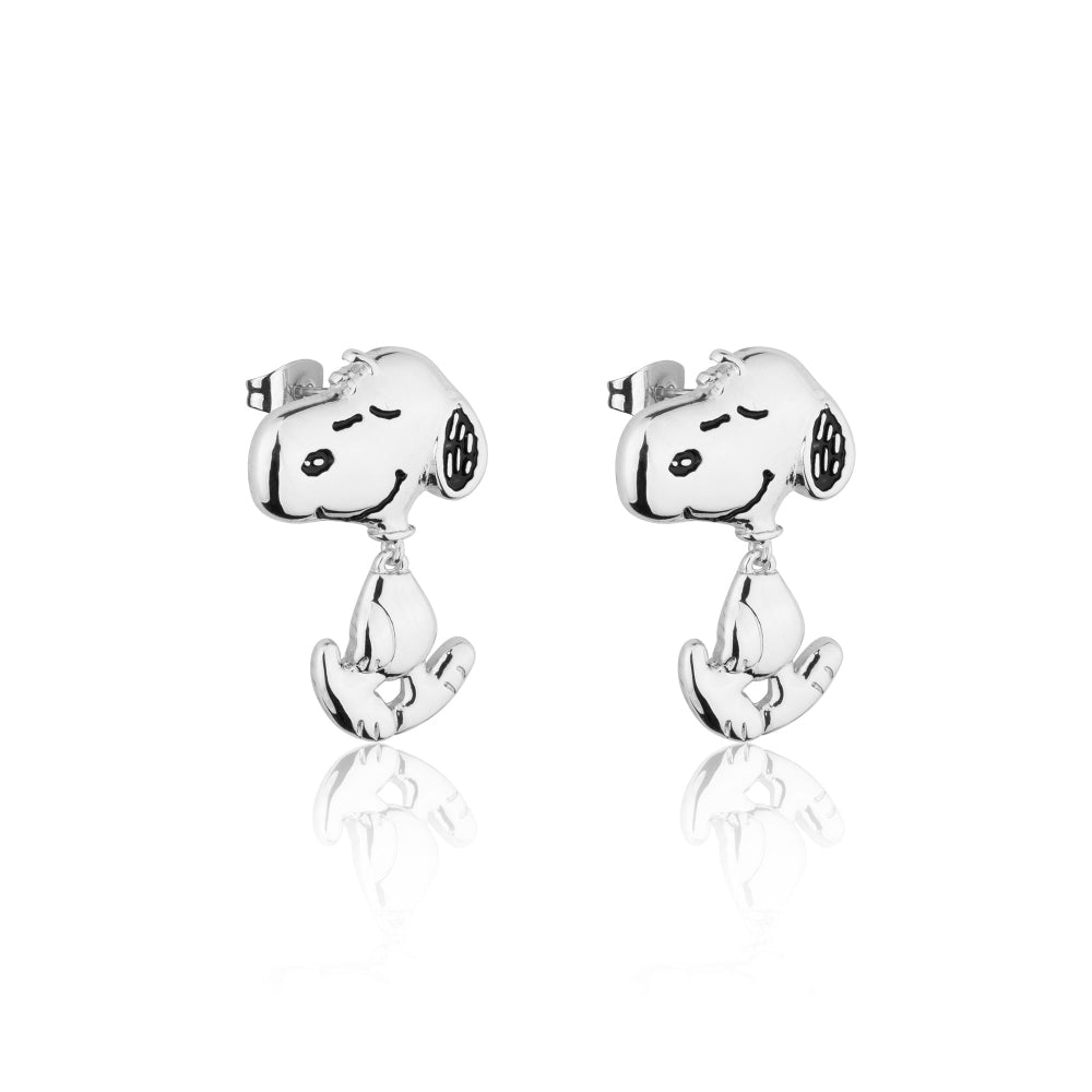 Silver Snoopy earrings on a white background